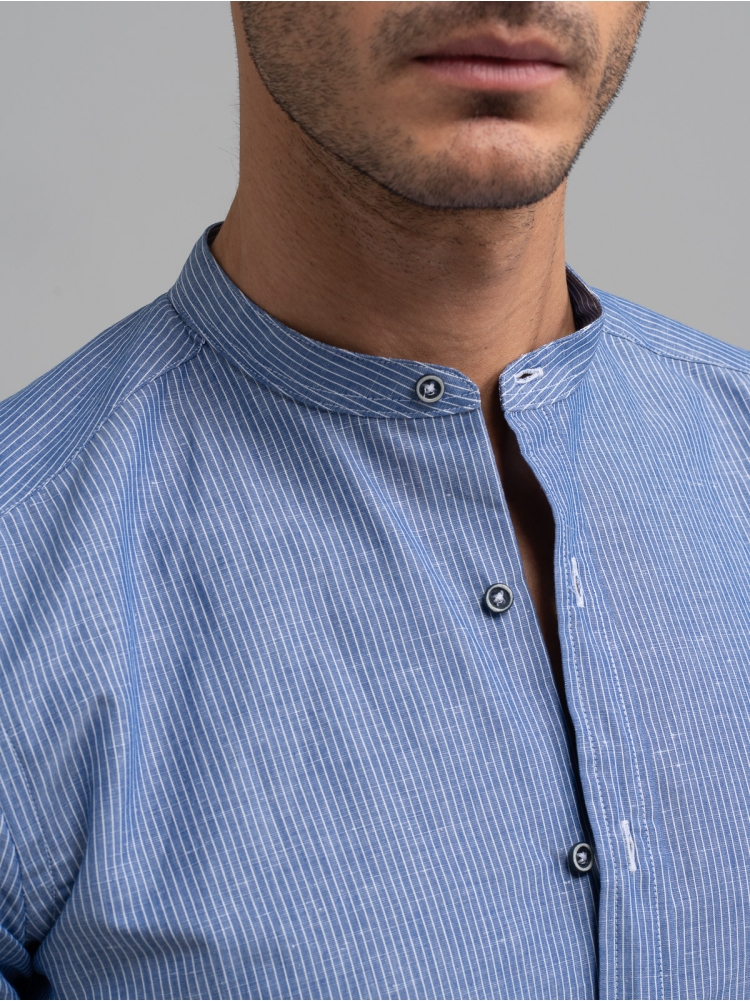 Camisa de rayas de hombre en mezcla de lino azul Cuello coreano