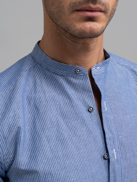 Camisa de rayas de hombre en mezcla de lino azul Cuello coreano