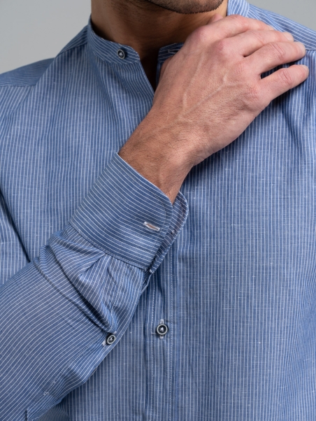 Camisa de rayas de hombre en mezcla de lino azul Cuello coreano