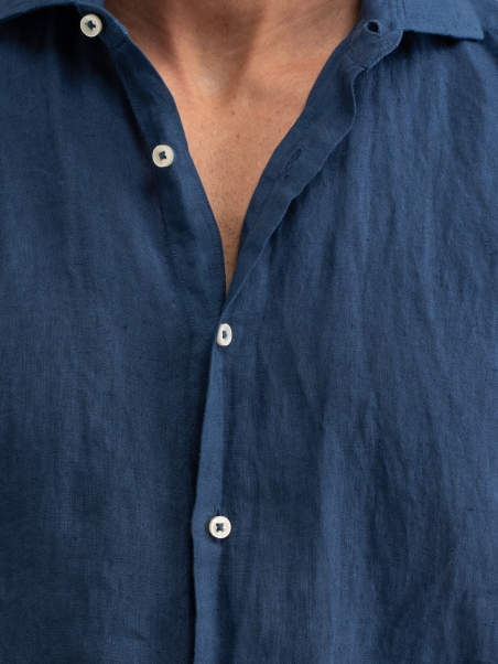 Camicia uomo blu di lino collo semi francese