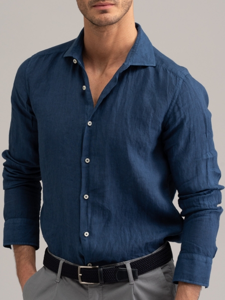 Camicia uomo blu di lino collo semi francese