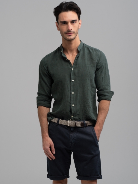 Camicia uomo verde di lino collo coreana 2