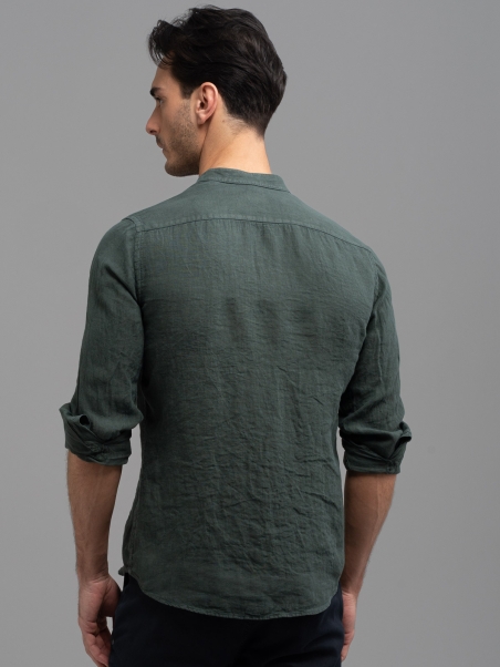 Camicia uomo verde di lino collo coreana