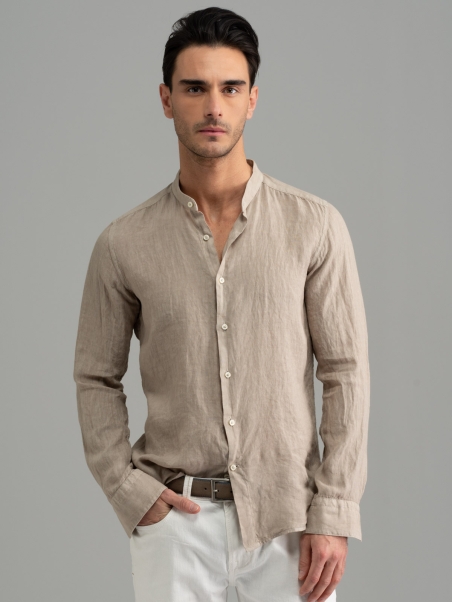 Camicia uomo beige di lino collo coreana