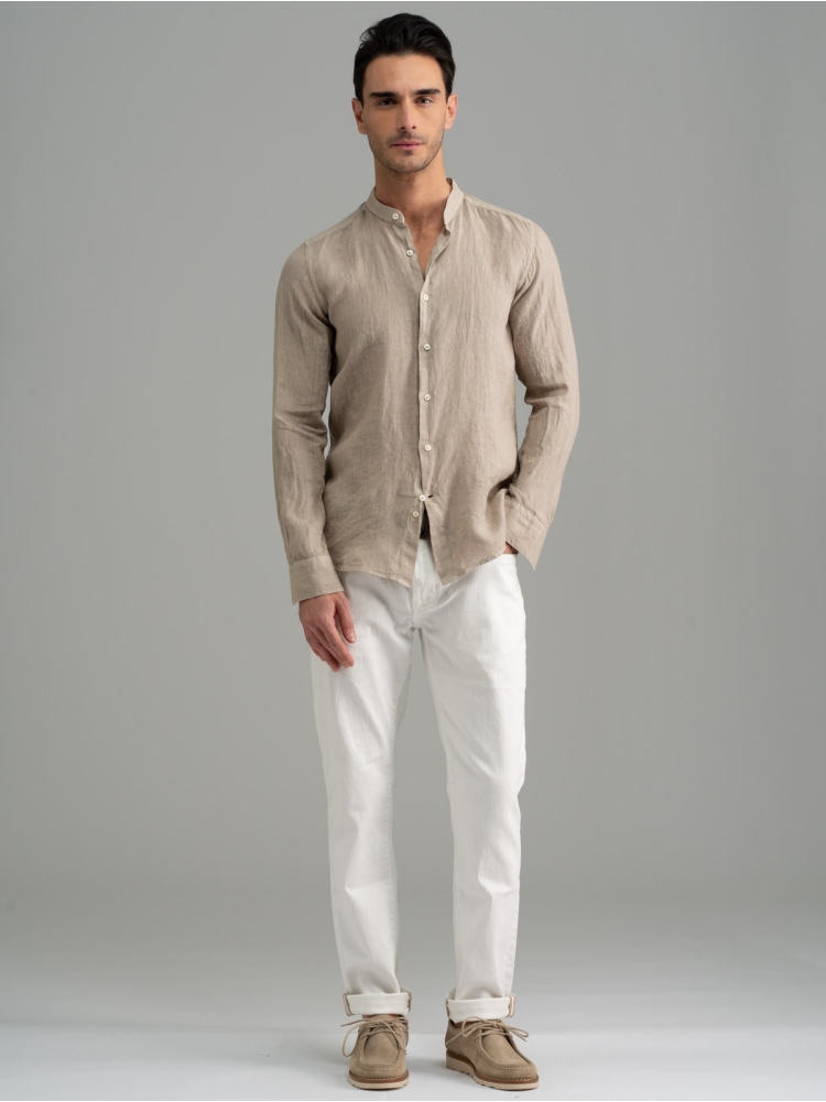 Camicia uomo beige di lino collo coreana