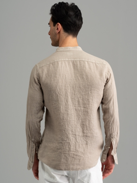 Camicia uomo beige di lino collo coreana