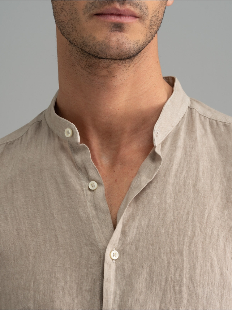 Camicia uomo beige di lino collo coreana