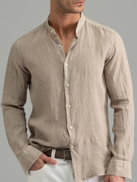 Camicia uomo beige di lino collo coreana