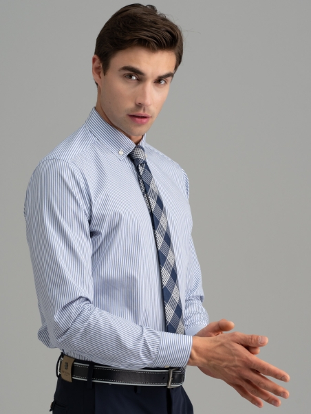 Camisa de rayas de oficina para hombre cuello abotonado azul