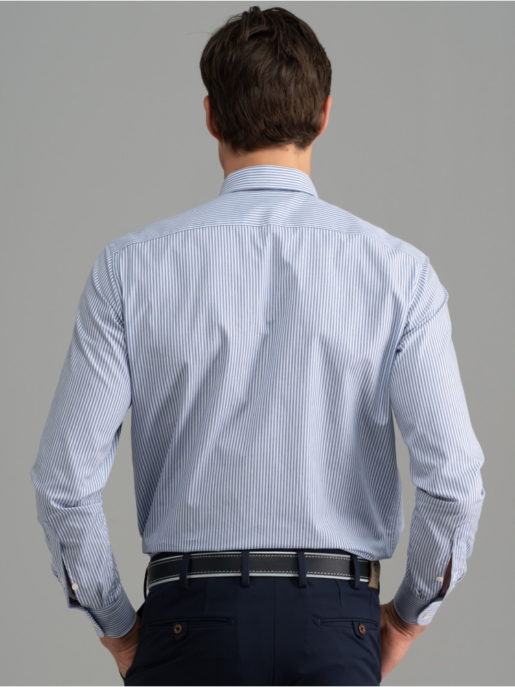 Camisa de rayas de oficina para hombre cuello abotonado azul