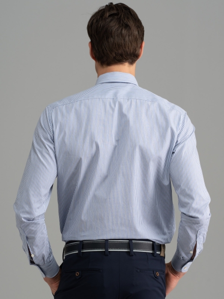 Camisa de rayas de oficina para hombre cuello abotonado azul