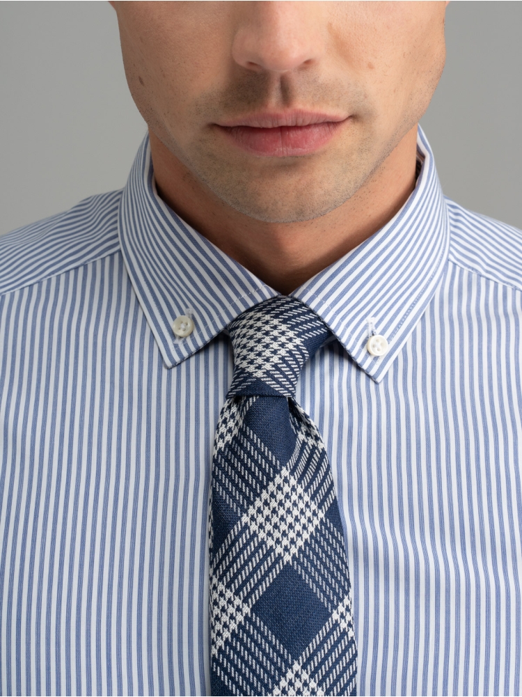 Camisa de rayas de oficina para hombre cuello abotonado azul
