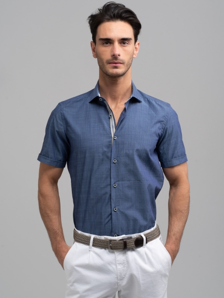 Camicia uomo blu mezza manica collo semi francese