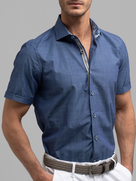 Camicia uomo blu mezza manica collo semi francese