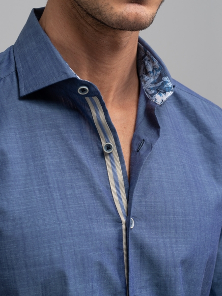 Camicia uomo blu mezza manica collo semi francese