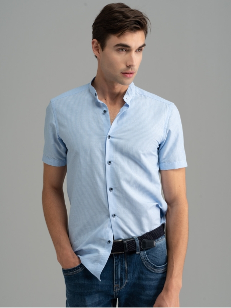 Camisa de media manga para hombre en mezcla de lino Cuello coreano