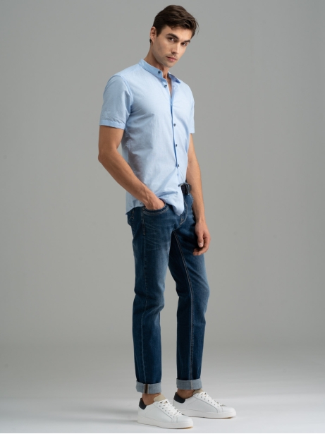 Camisa de media manga para hombre en mezcla de lino Cuello coreano 2