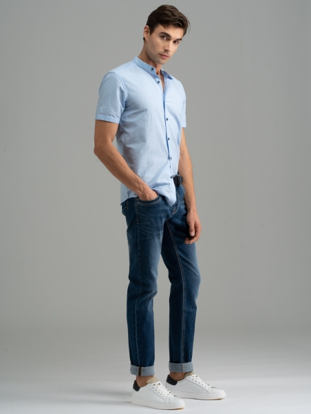 Camisa de media manga para hombre en mezcla de lino Cuello coreano