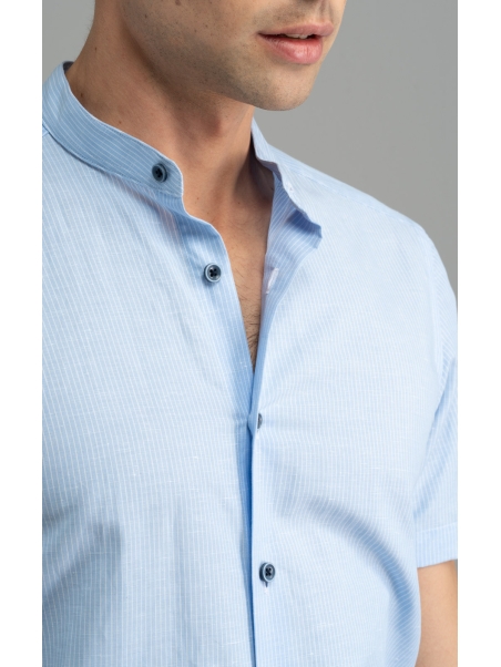 Camisa de media manga para hombre en mezcla de lino Cuello coreano
