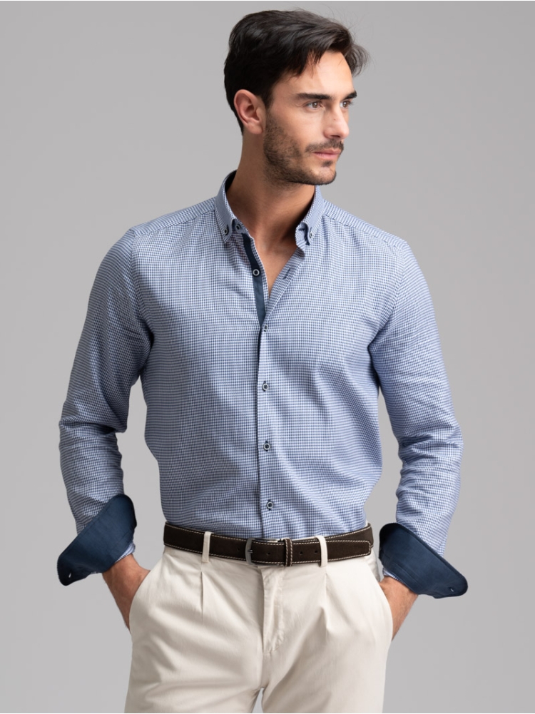 Camisa de pata de gallo para hombre con cuello abotonado