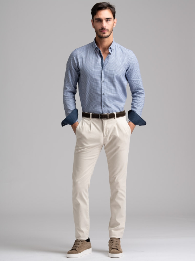 Camisa de pata de gallo para hombre con cuello abotonado