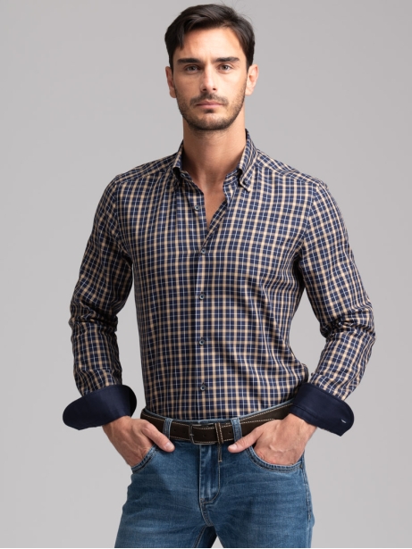 Camisa de cuadros escoceses para hombre con parches en el cuello abotonado