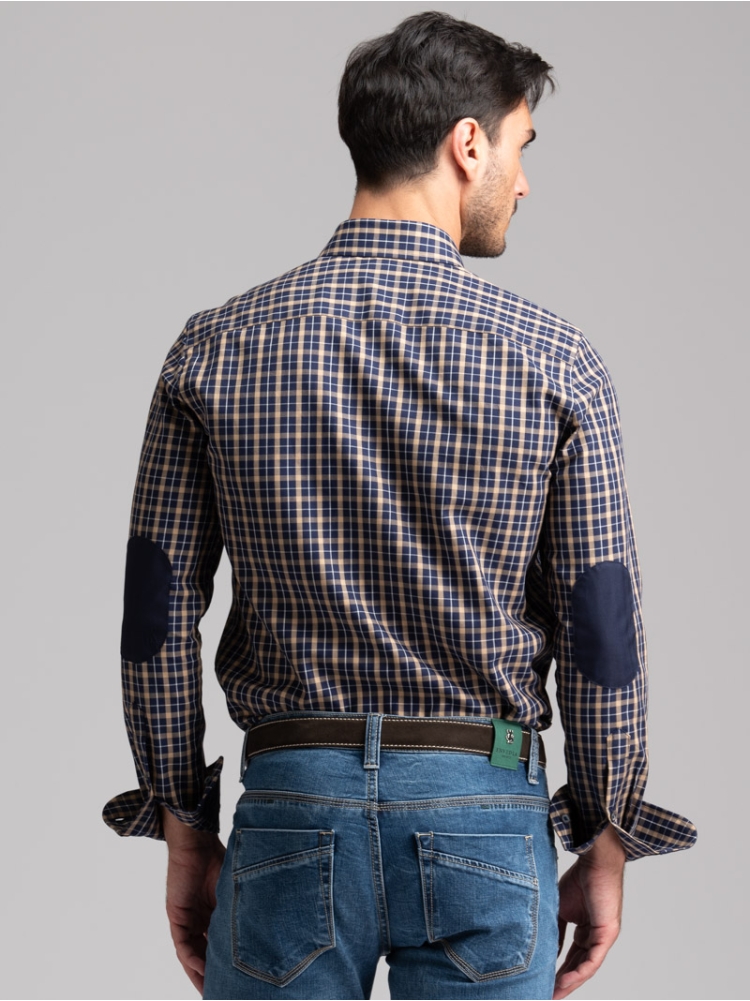 Camisa de cuadros escoceses para hombre con parches en el cuello abotonado