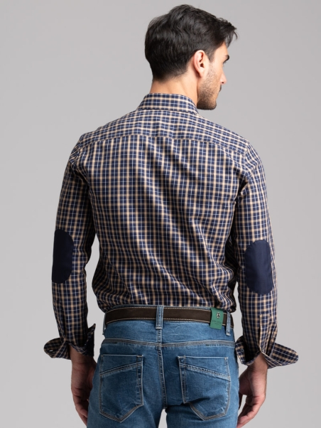 Camisa de cuadros escoceses para hombre con parches en el cuello abotonado
