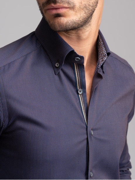 Camisa de micro lunares azul oscuro para hombre con cuello abotonado 2