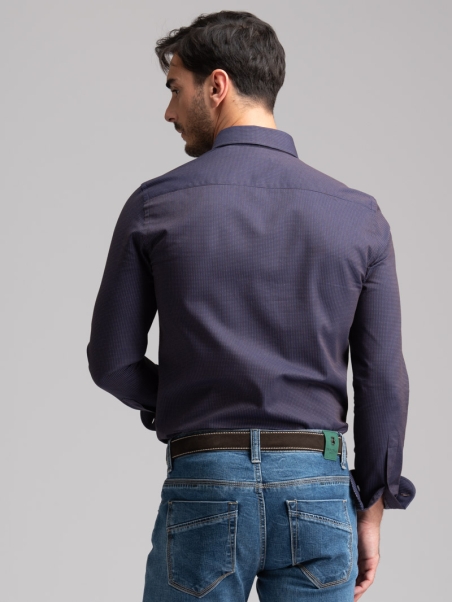 Camisa de micro lunares azul oscuro para hombre con cuello abotonado