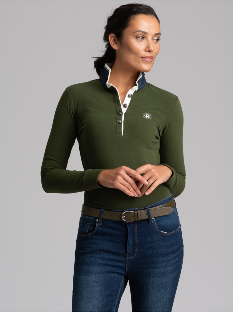 Polo de mujer de manga larga con cuello interior en contraste