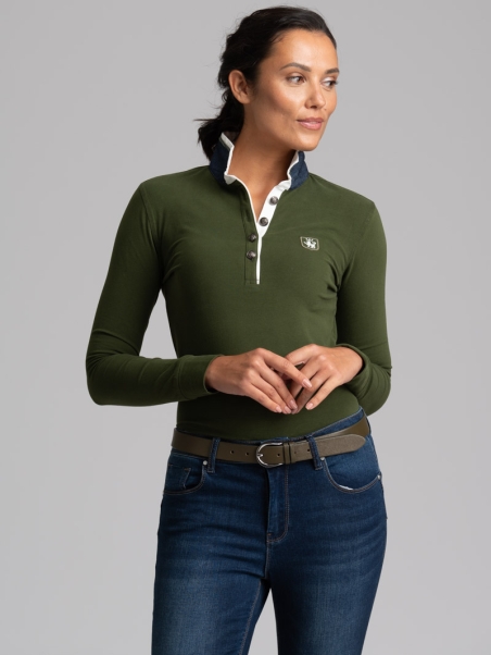 Polo de mujer de manga larga con cuello interior en contraste