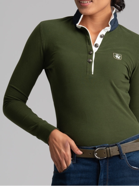 Polo de mujer de manga larga con cuello interior en contraste