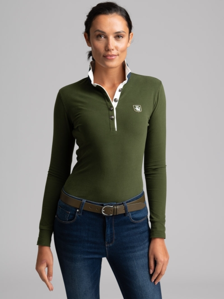 Polo de mujer de manga larga con cuello interior en contraste