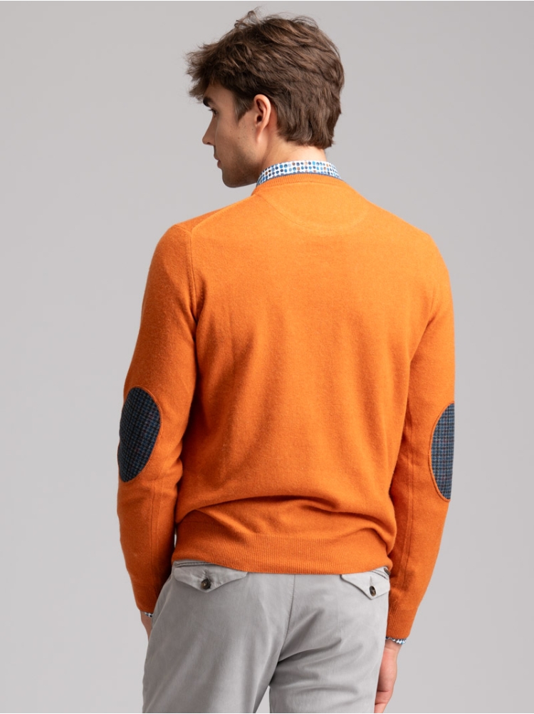 Jersey de cuello redondo para hombre con ribetes, parches y bisel