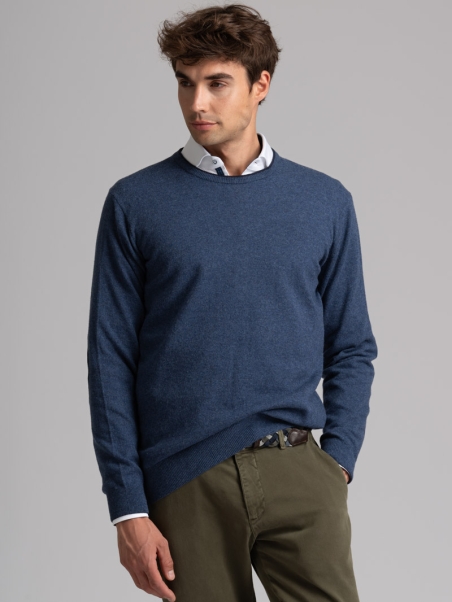 Jersey de cuello redondo para hombre con ribetes, parches y bisel