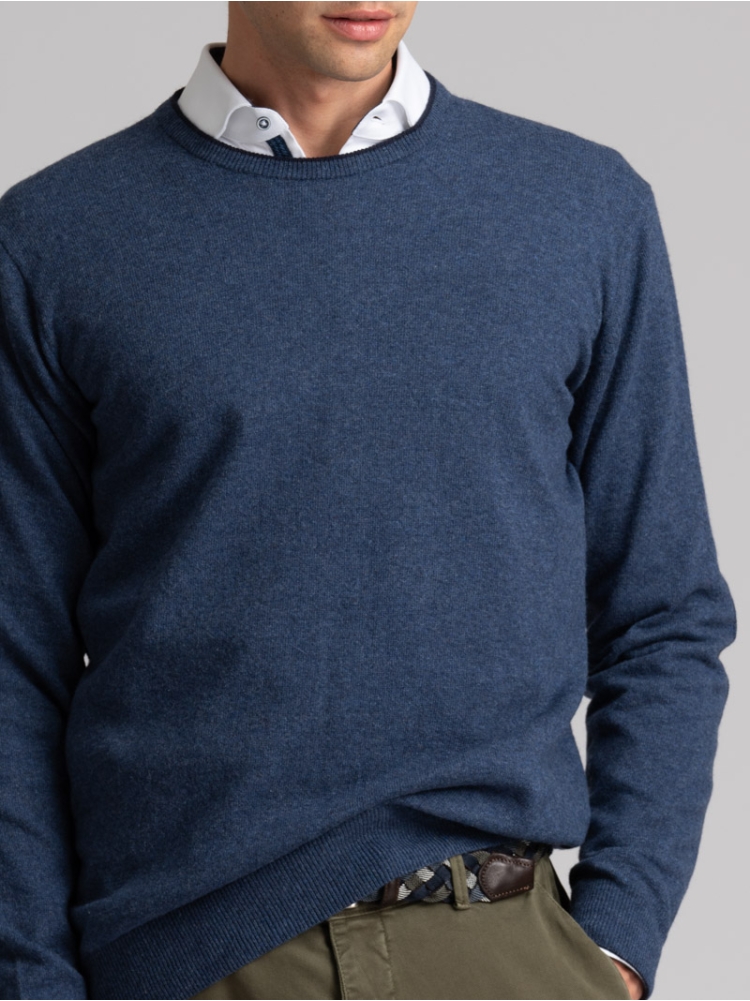 Jersey de cuello redondo para hombre con ribetes, parches y bisel