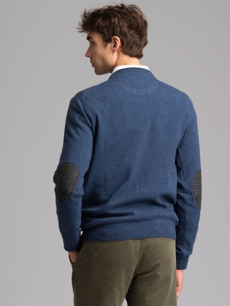 Jersey de cuello redondo para hombre con ribetes, parches y bisel