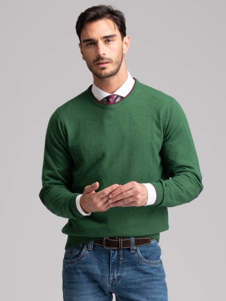 Jersey de cuello redondo para hombre con ribetes, parches y bisel
