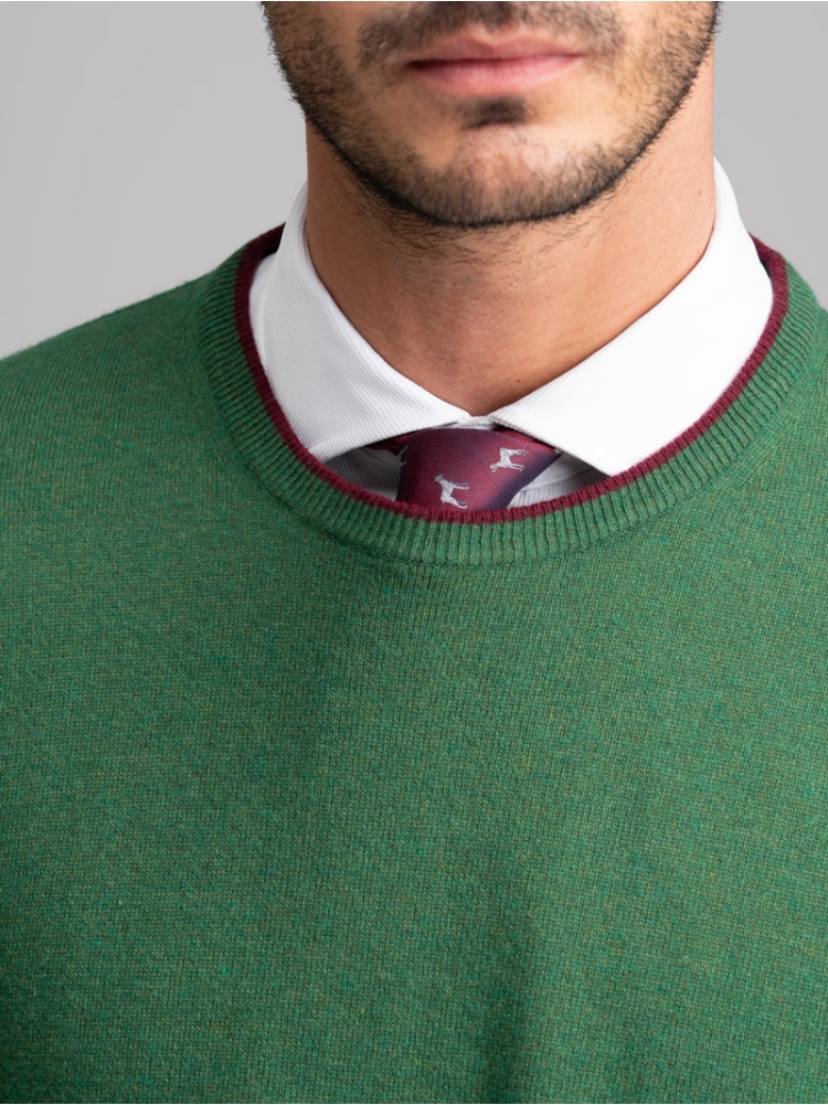 Jersey de cuello redondo para hombre con ribetes, parches y bisel