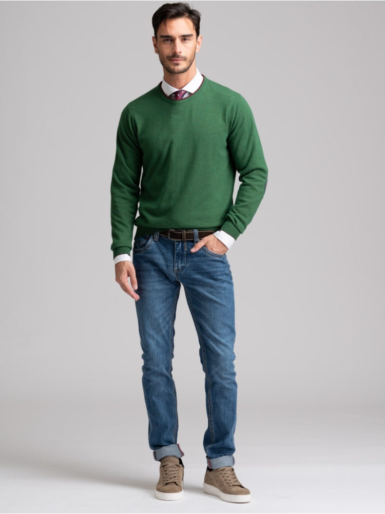 Jersey de cuello redondo para hombre con ribetes, parches y bisel