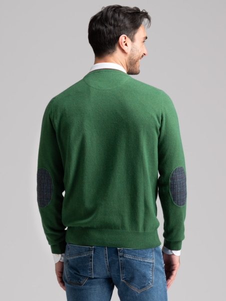 Jersey de cuello redondo para hombre con ribetes, parches y bisel