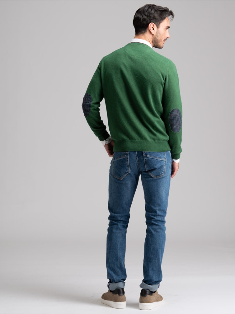 Jersey de cuello redondo para hombre con ribetes, parches y bisel