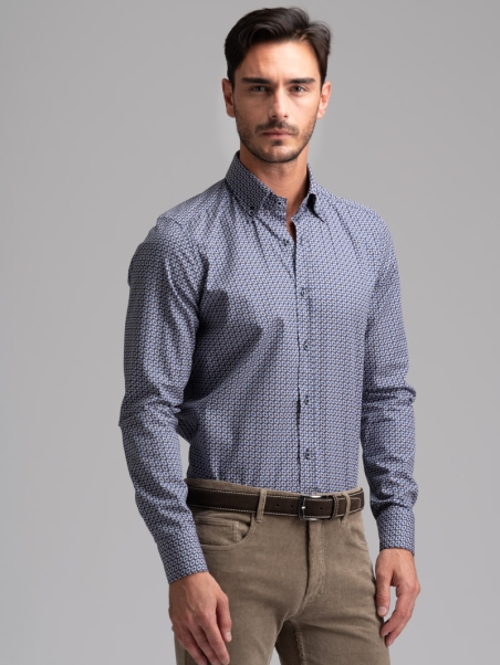 Camisa de hombre con estampado geométrico cuello abotonado azul
