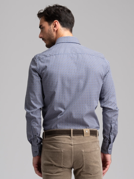 Camisa de hombre con estampado geométrico cuello abotonado azul