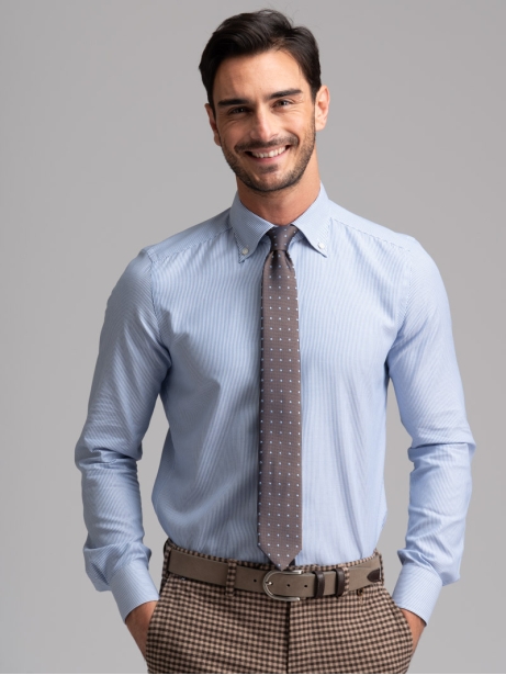 Camisa micro rayas hombre cuello abotonado azul