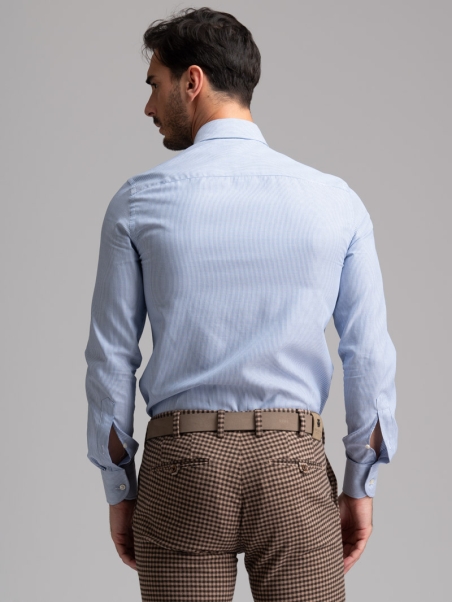 Camisa micro rayas hombre cuello abotonado azul