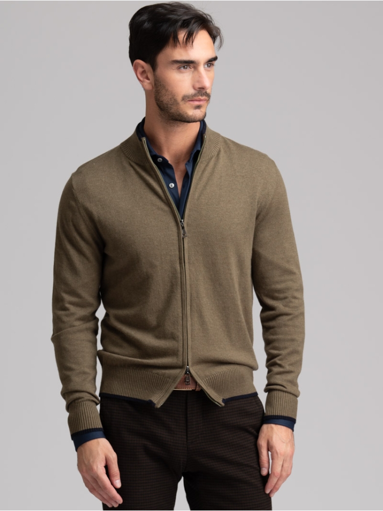 Maglia uomo full zip con dettagli a contrasto