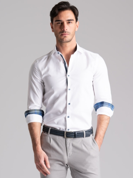 Camisa blanca de caballero leno cuello semifrancés