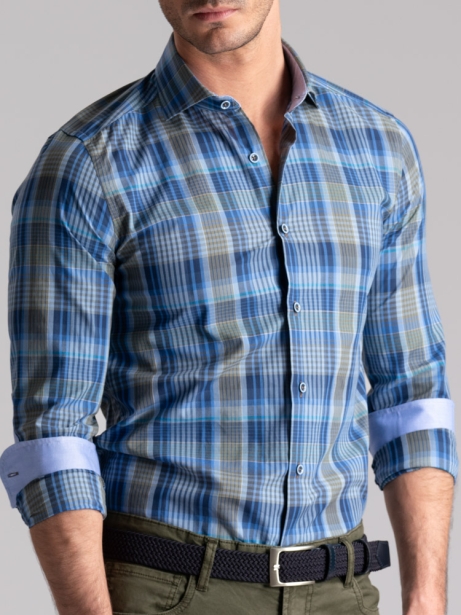 Camisa de madrás para hombre con cuello semifrancés y parches 2